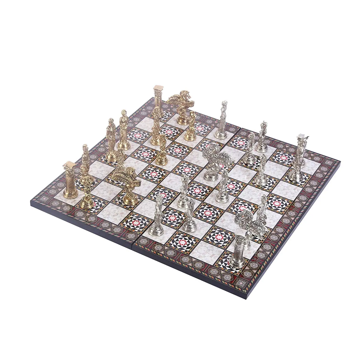 Mythologic Pegasus Figures Metal Chess Set for Adult,Handmade Pieces and Mother-of-Pearl Design Wood Chess Board King 9.5cm