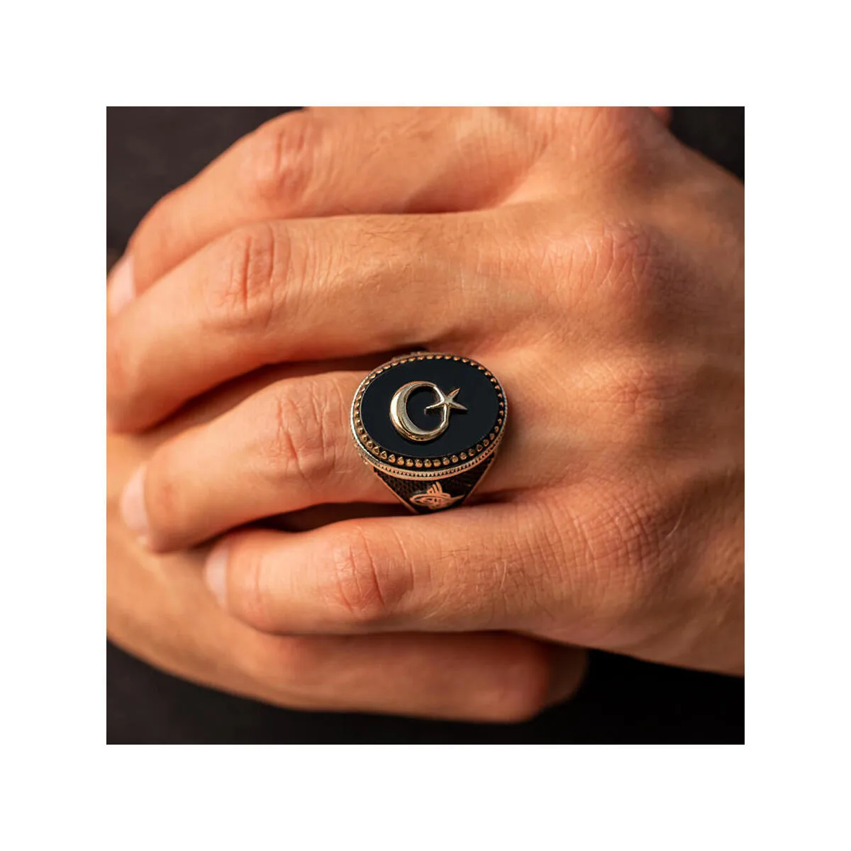 

925 Sterling Silver Elegant Model Crescent Moon Embroidered On Black Onyx Stone Men' Ring Accessory for Men Special Ring