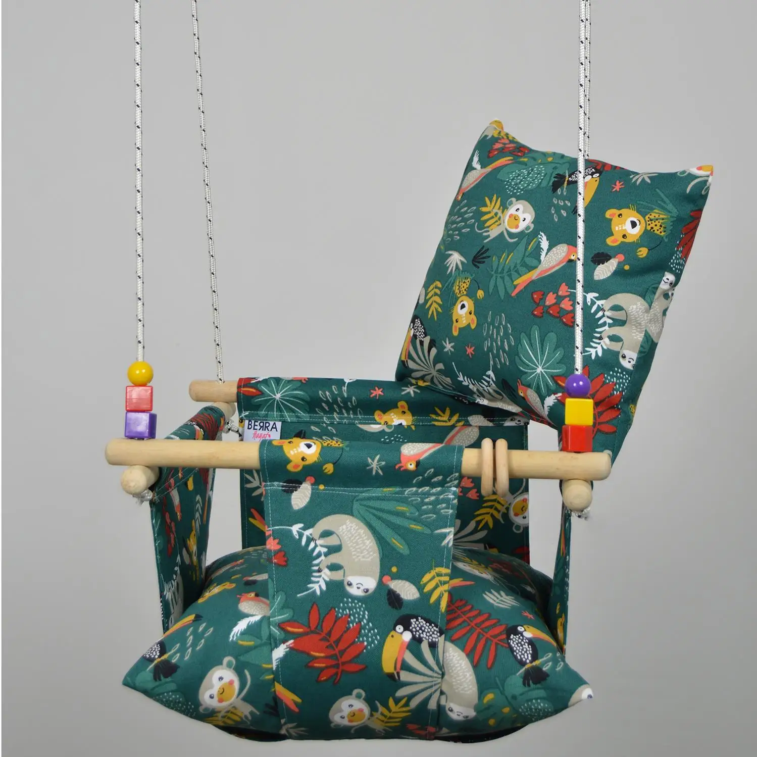 New season Unisex Baby Swing Natural Wooden Child Cotton Duck Fabric Linen Fabric Hammock Home Type Animal Pattern