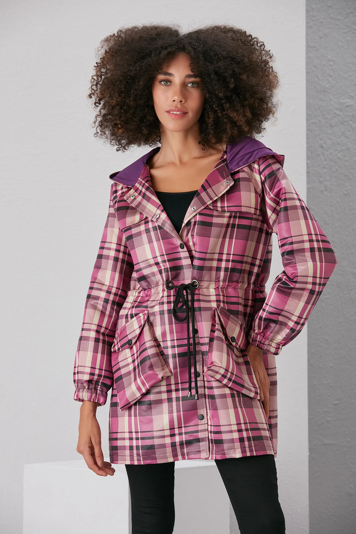 Women Fushia Plaid Hooded Waist Shirred Relax snaps It Should cover Raincoat 2022 new season