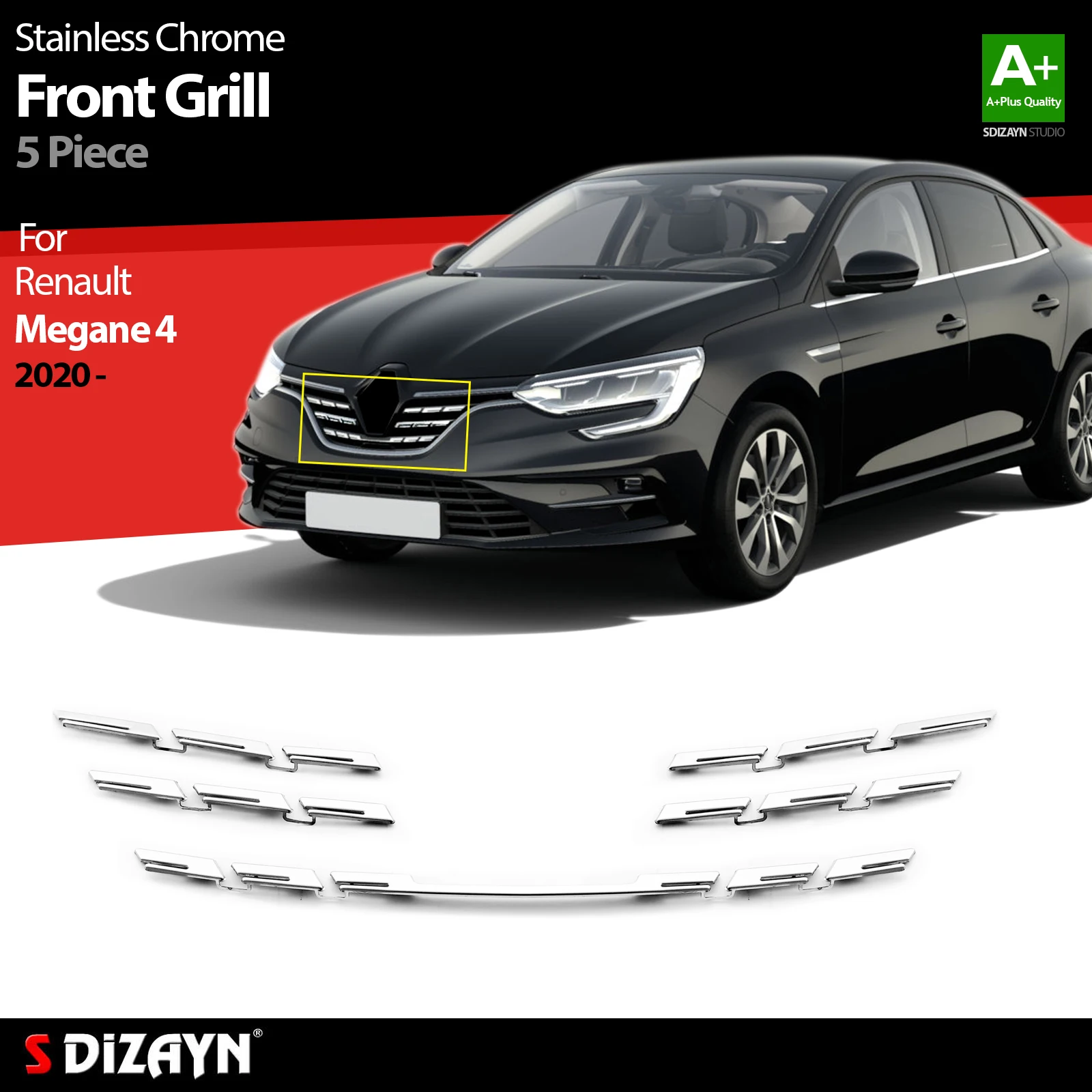 

S Dizayn For Renault Megane 4 Chrome Front Grill Stainless Steel 5 Pcs Exterior Car Accessories Parts Auto Products Stickers