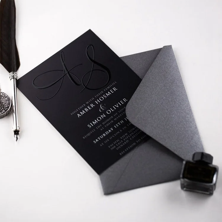 Unique Fully Customizable Black Embossed and UV Printed Luxury Wedding Invitation Cards with Foil Printed Belt and RSVP Cards