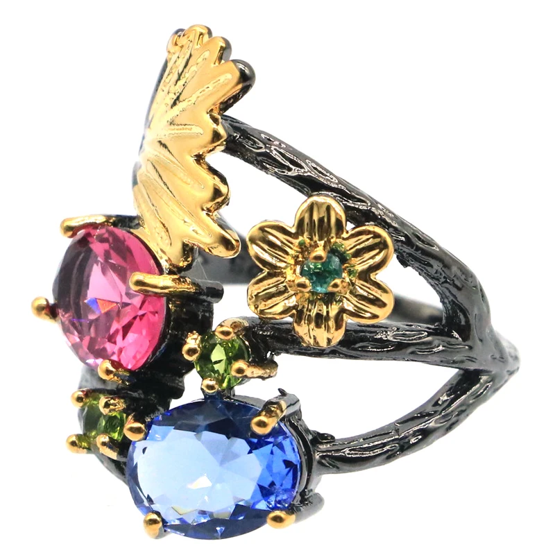 Buy 4 Get 1 Free 25x20mm Neo-Gothic 6.2g created Tourmaline Tanzanite Peridot Blue Turquoise Black Gold Silver plated Rings view 4