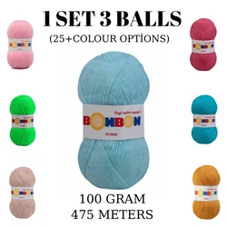 Yarn 1 Set (3 Balls) Nako Bonbon Kristal Knitting Yarn (1 Ball: 100 Grams / 475 Meters) Crochet Tool Kit