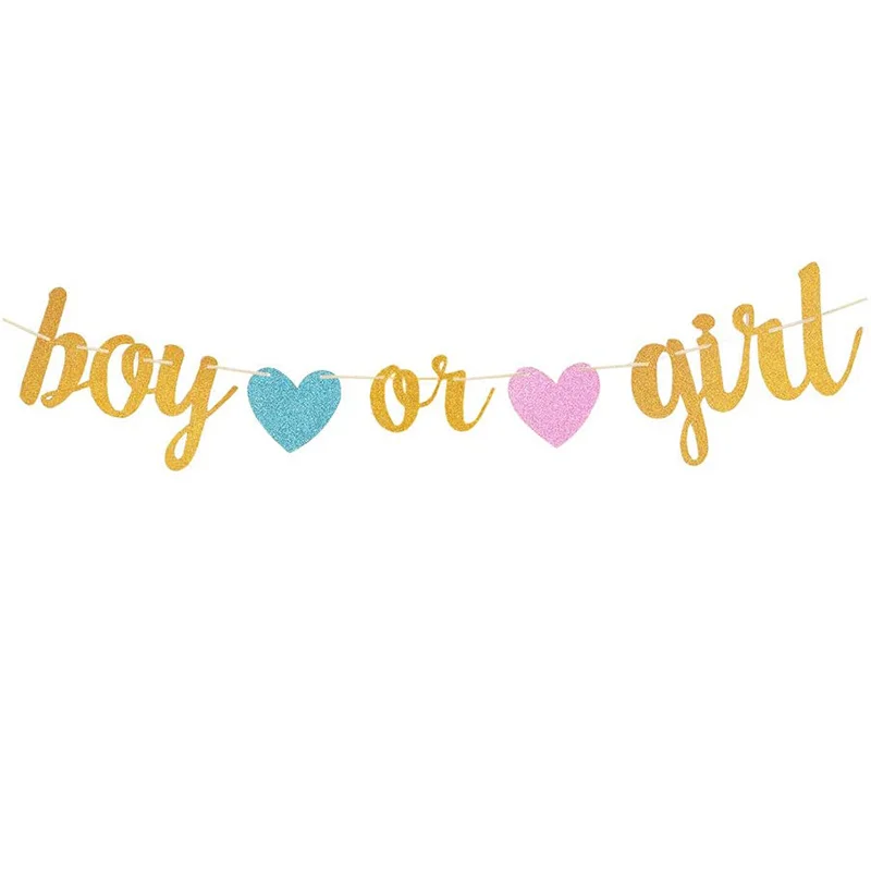 Boy Or Girl Banner with Baby Shower Party Decorations Gender Reveal Hung Bunting Pregnancy Announcement Gold Glitter Supplies