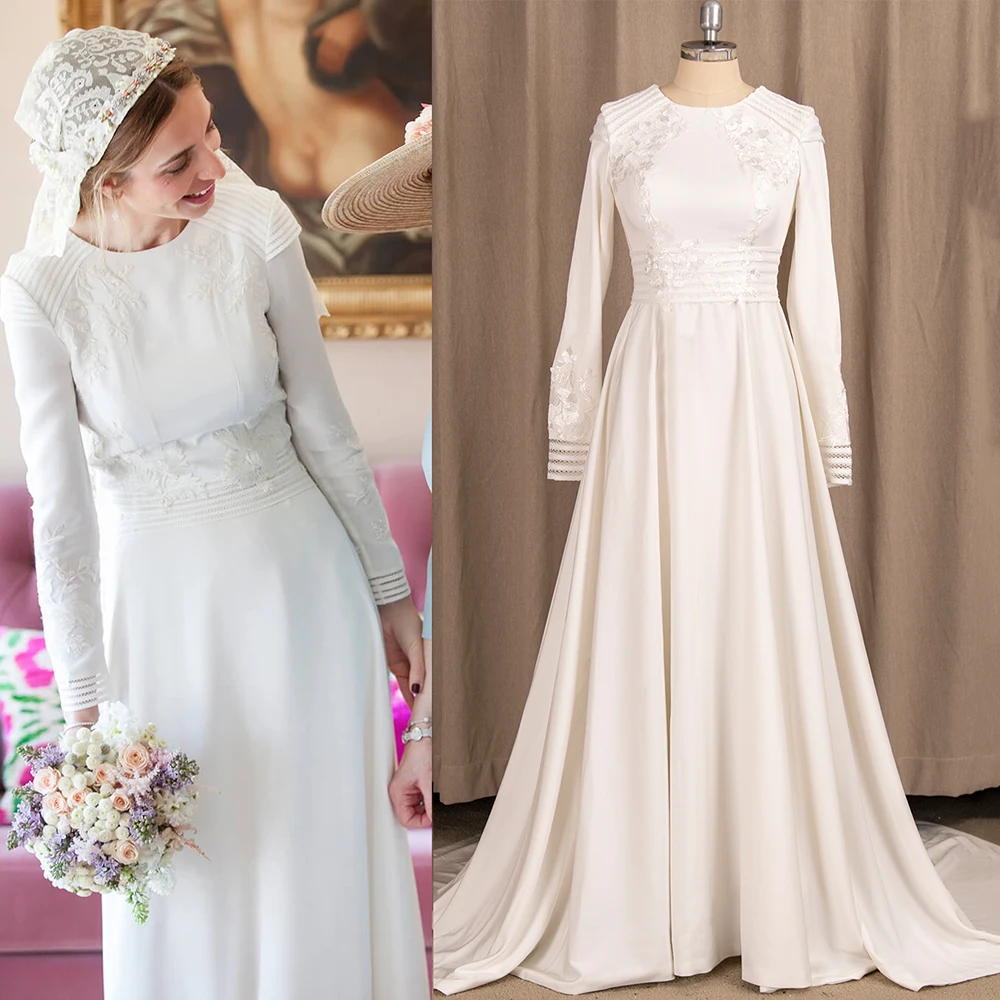 Real Photo Einfache Langarm Hochzeit Kleid Plain Satin Appliqued Vintage Muslimischen Geschlossen Zurück Nach Maß Scoop Neck Brautkleider