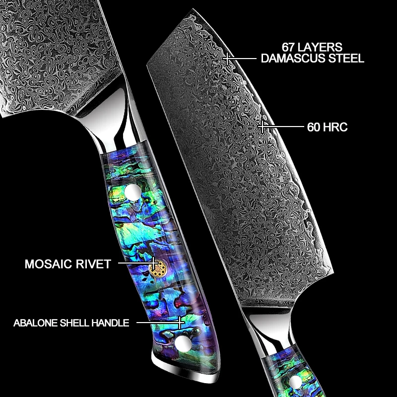 Imagem -04 - Grandsharp-damascus Steel Cleaver Knife Polegada Japonês Legumes Carne Cozinha Cozinhar Ferramentas Talheres Abalone Shell Novo