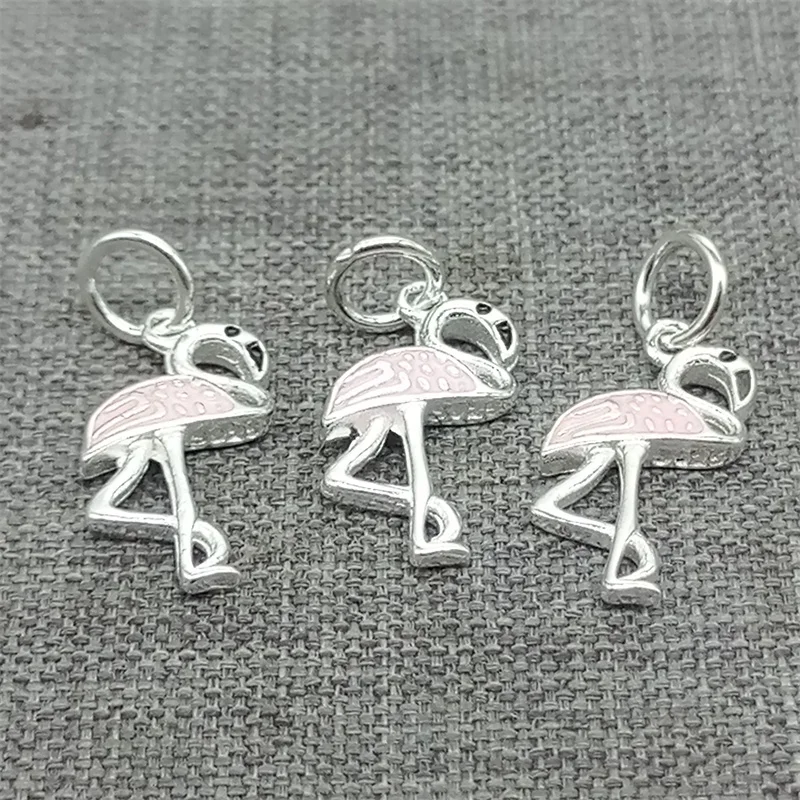 4 Pieces of 925 Sterling Silver Pink Crane Charms Enameled for Bracelet Necklace