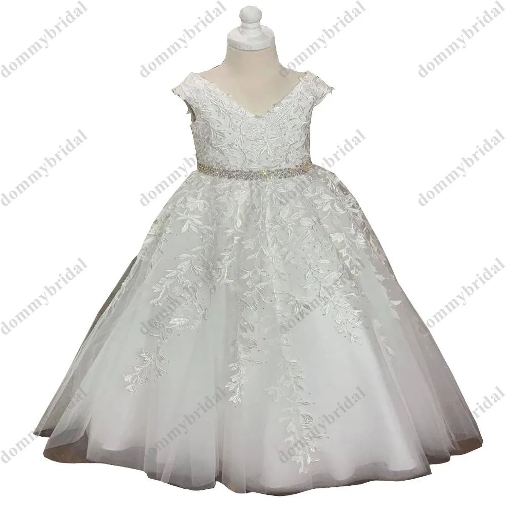 2021 Elegante Witte Prinses Kant Parels Een Line Kids Bloem Meisje Jurken Met Mouwen V-hals Tulle Eerste Communie Prom jurk