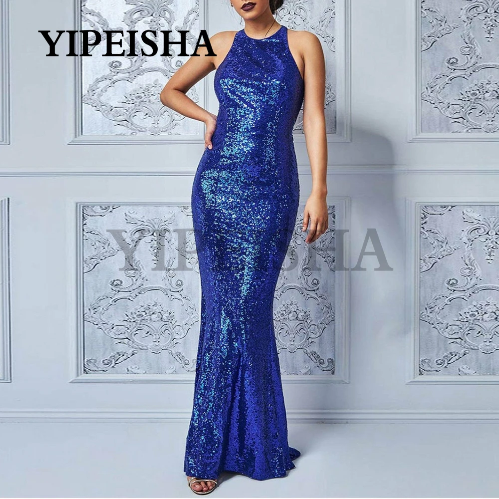 Customized Glittery O-Neck Mermaid Formal Evening Dresses Backless Sleeveless Sequined Prom Party Gown Robe De Soirée Femme Vest