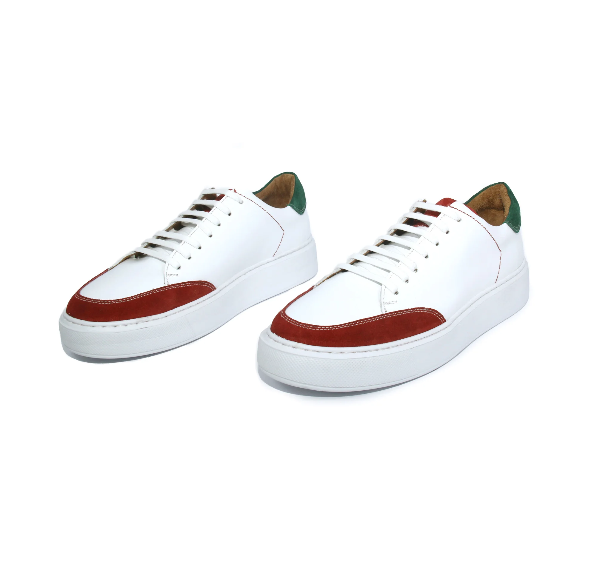 Men's Handmade Sport Sneakers, White Leather & Red Green Suede, Multicolor Casual Fashion Shoes for Men, Lightweight EVA Sole