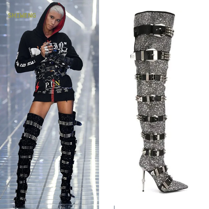 

Women Blingbling Crystal Over The Knee Boots Fashion Thigh High Buckle Strap Boots Lady Runway Rivet Buckle High Heel Shoes 2021