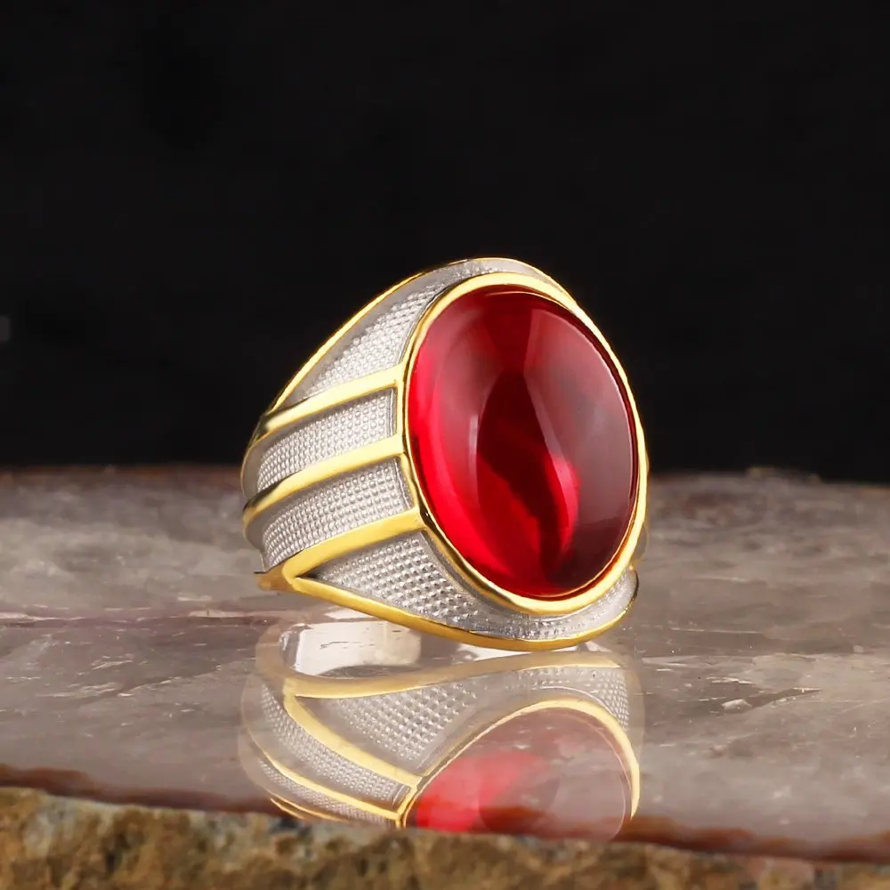 

MEN 'S Red Zircon Stone Edging Coated 925 Sterling Mens Silver Ring Handmade Custom Design Made in Turkey