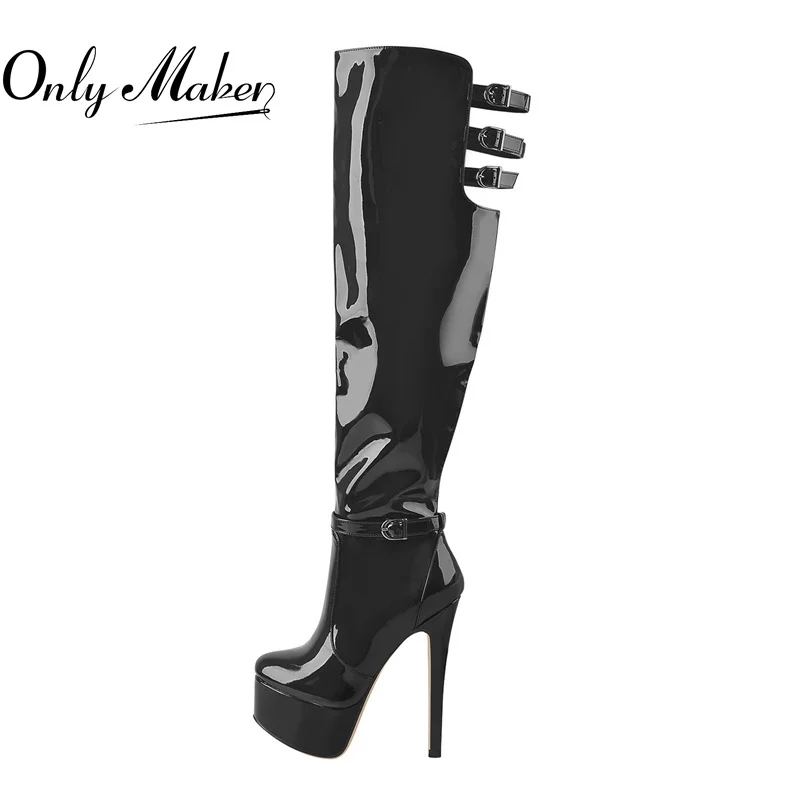 

Onlymaker Thin High Heel Boots Platform Over The Knee Patent Leather Inner Short Plush Buckle Hollow Side Zipper Winter Boots