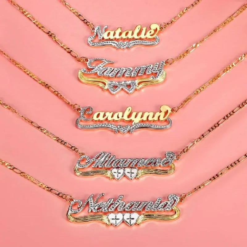 Gold Plated Two-Tone Personalized Name Necklace With Heart Customized Double Layer Name Pendant For Women Girl Jewelry Gift