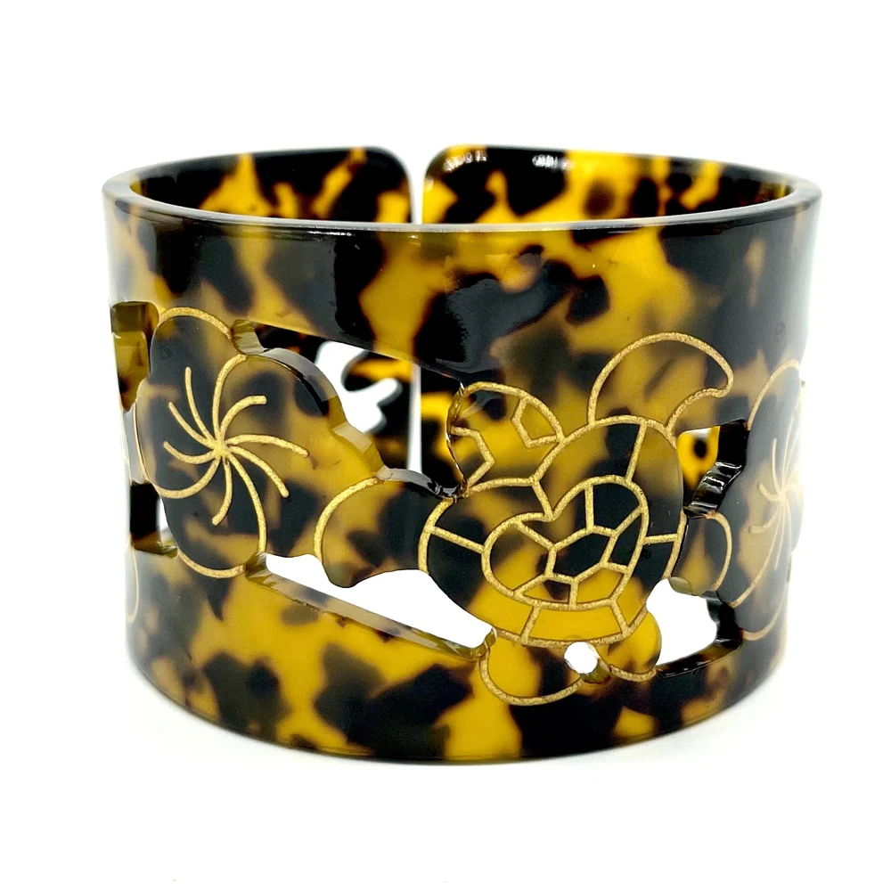 New Fashion Acrylic Tortoise Shell Cuff Bracelet Bangles With Flower Tribals Carved Styles Hawaiian Samoan Pacific Styles