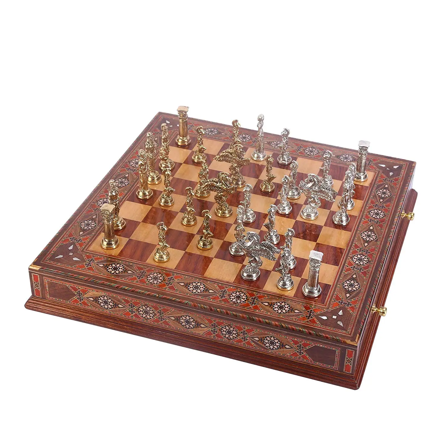 Metal Chess Set Mythologic Pegasus,Handmade Pieces,Natural Solid Wooden Chess Board,Original Pearl On Board,Storage,King 9cm