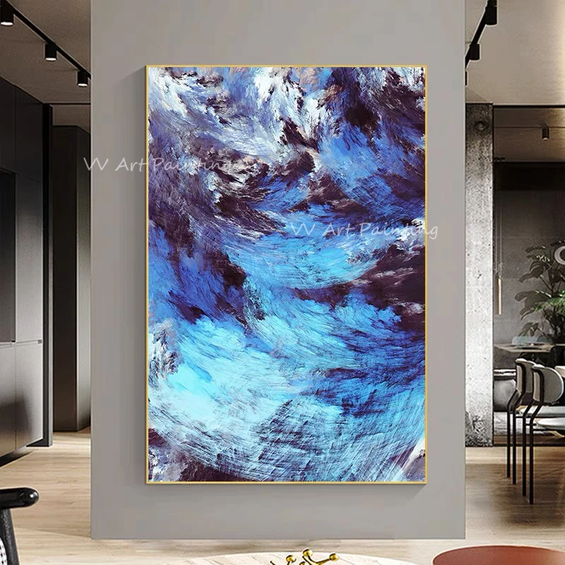 Modern Abstract Blue Ocean Oil Painting Hand Painted Texture Wave Canvas Wall Art for Living Room Large Dynamic Home Wall Decor