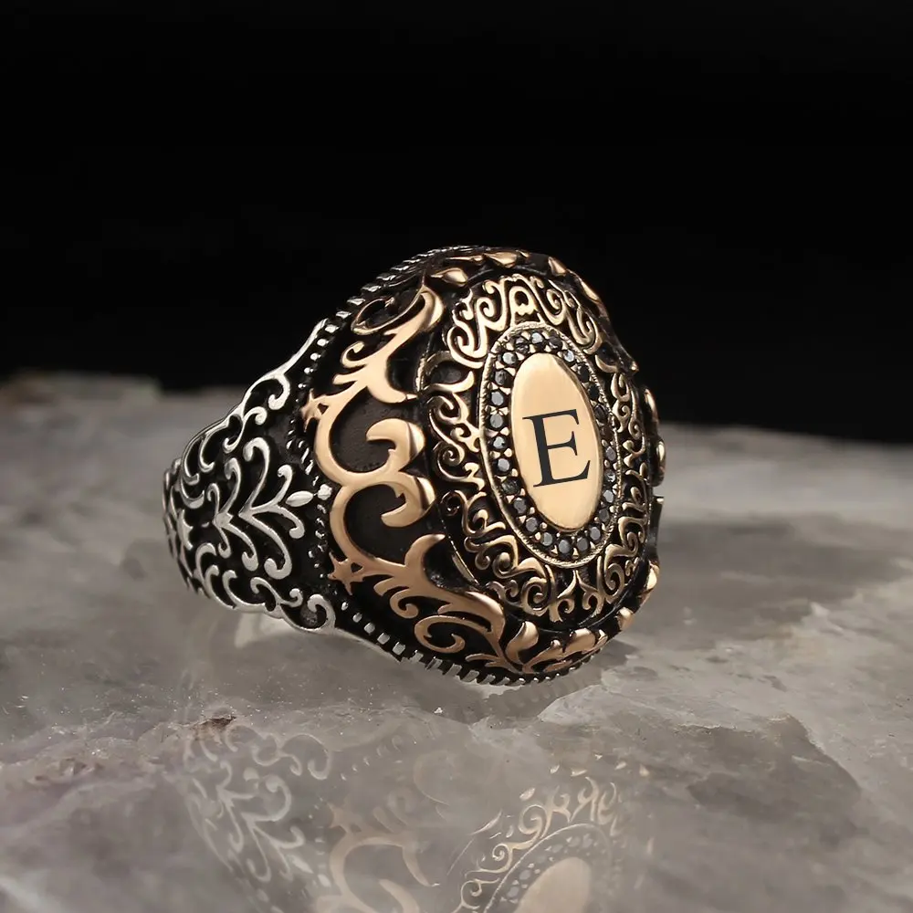 Natural Onyx Stone 925 Silver Engraved Traditional Ring Handmade Turkish Signet Rings Rock Jewelry Gift for Women Men