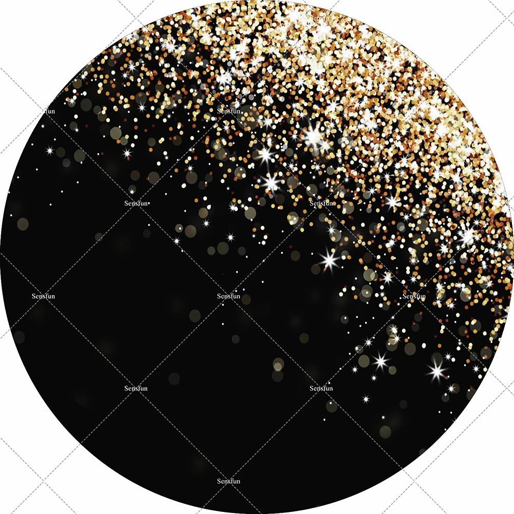 Black and Gold Glitter Background Happy Anniversary Party Decoration Happy Birthday Round Circle Backdrop Elastic Plinth Cover