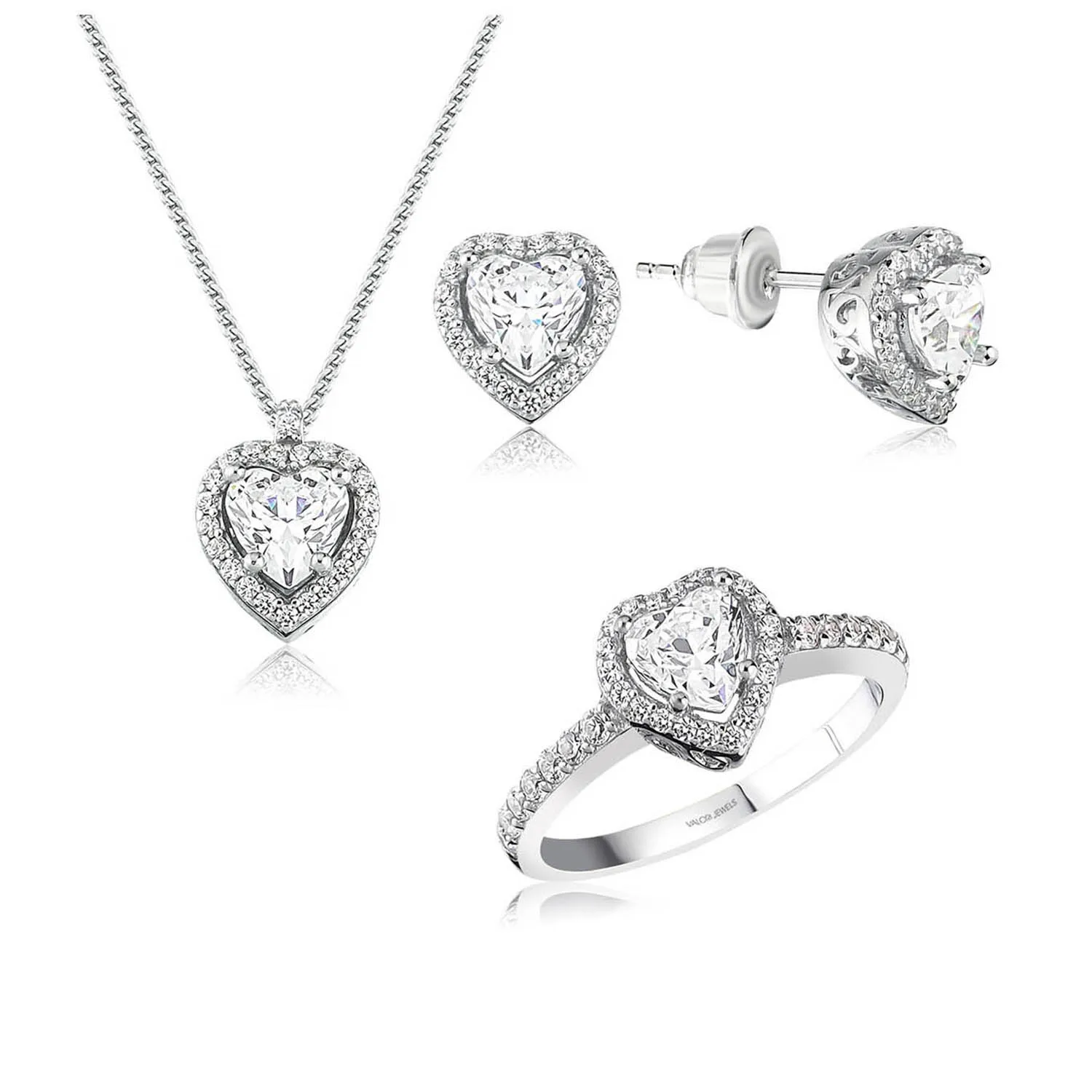 Valori Jewels 3 Carat, Zirconia White Heart & Round Gemstone, Rhodium Plated, Solitaire Trio Set