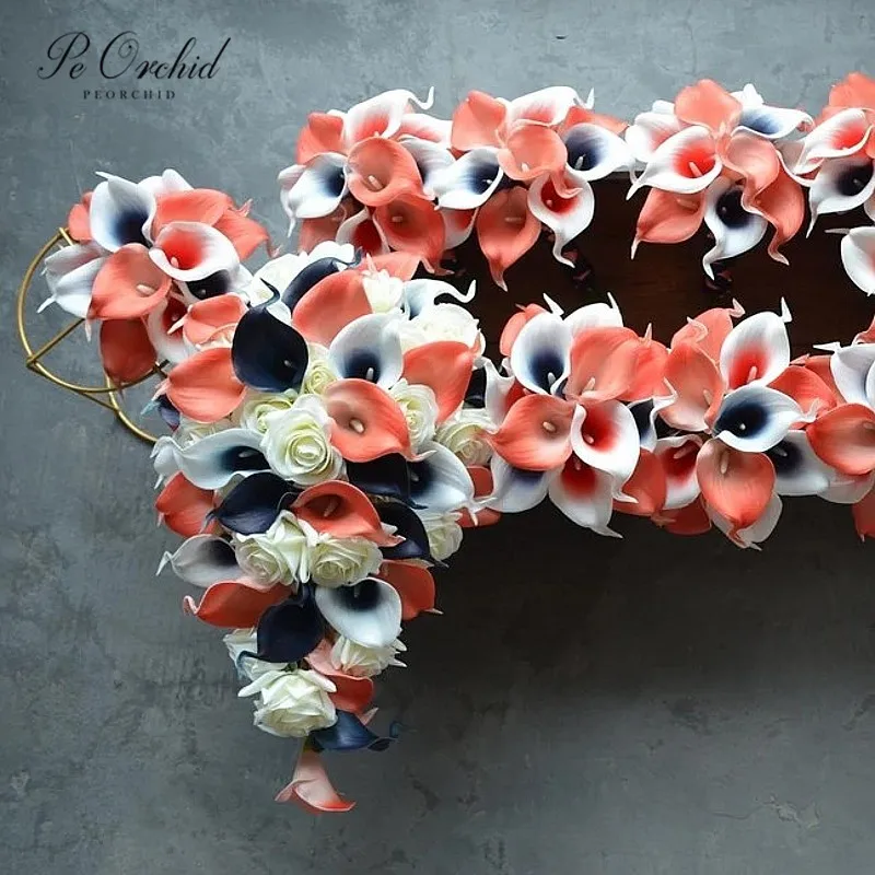 PEORCHID Coral azul marino conjunto de ramo de novia de boda tacto Real lirio de Cala cascada Artificial ramo de flores para damas de honor para sujetar