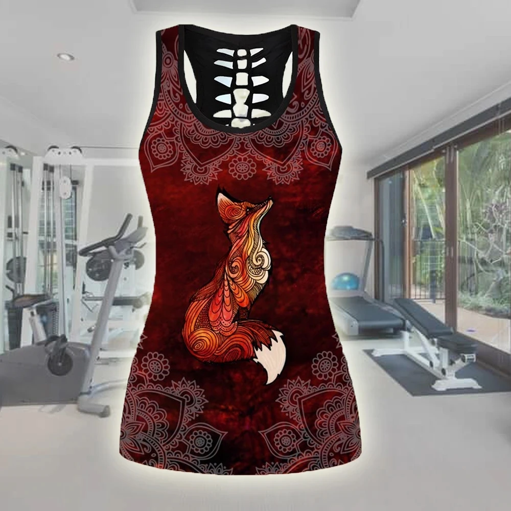 Harajuku Red Fox Tank 3D Print Women Two Piece Yoga Set Vest Hollow Combo Tank Top Legging Waist Sport Fitness Quick Dry LK270