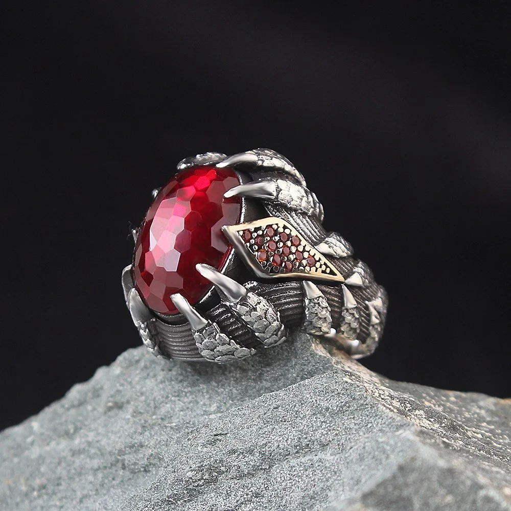 

925K Sterling Silver Red Zircon Gemstone Ring, Eagle Claw Engraved Handmade Jewelry, Fine Workmanship 2022 Fashion Freeshipping