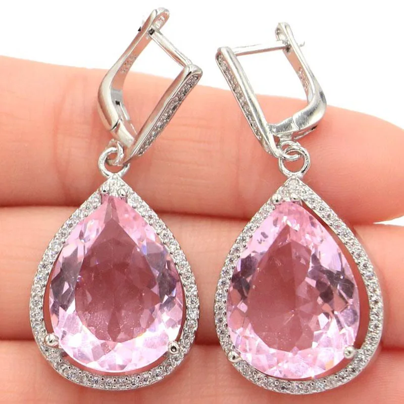 

43x19mm Big European Design Jewelry Set 17g Created Pink Kunzite White CZ Women Dating Silver Pendant Earrings Eye Catching