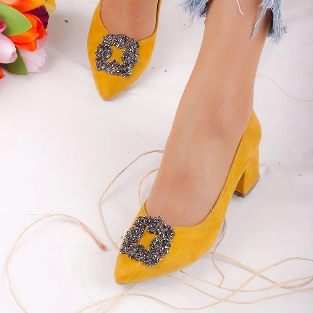 Mustard Suede Stone Shoes for Women Dress Shoes for Women Low Heel Short Heels Sandals for Women Thick Heel Pumps for Women