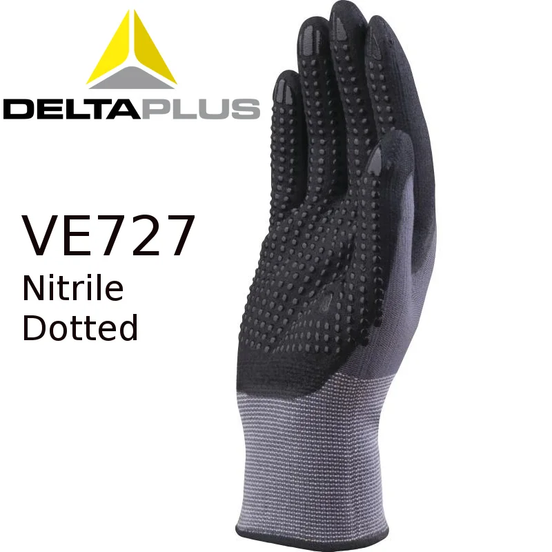DeltaPlus VE727 safety work glove polyamide spandex knitted nitrile pu palm with dots Polyurethane coating Oil resistance