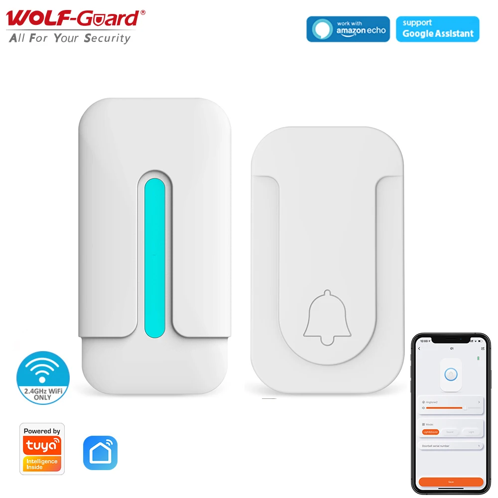 กริ่งไร้สาย WiFi,กันน้ำ Wall Plug-In ประตู Chime Kit Self Powered Push ปุ่ม Smart Life App