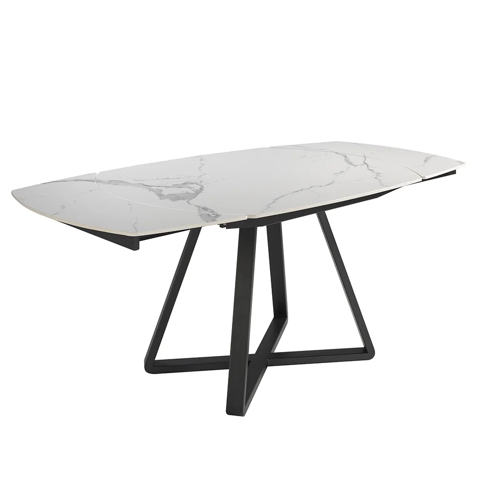 1096 dining table Angel Cerdá-dining table with oval-shaped extendable lid barrel in white porcelain. Steel Base painted in epoxy matte black color.