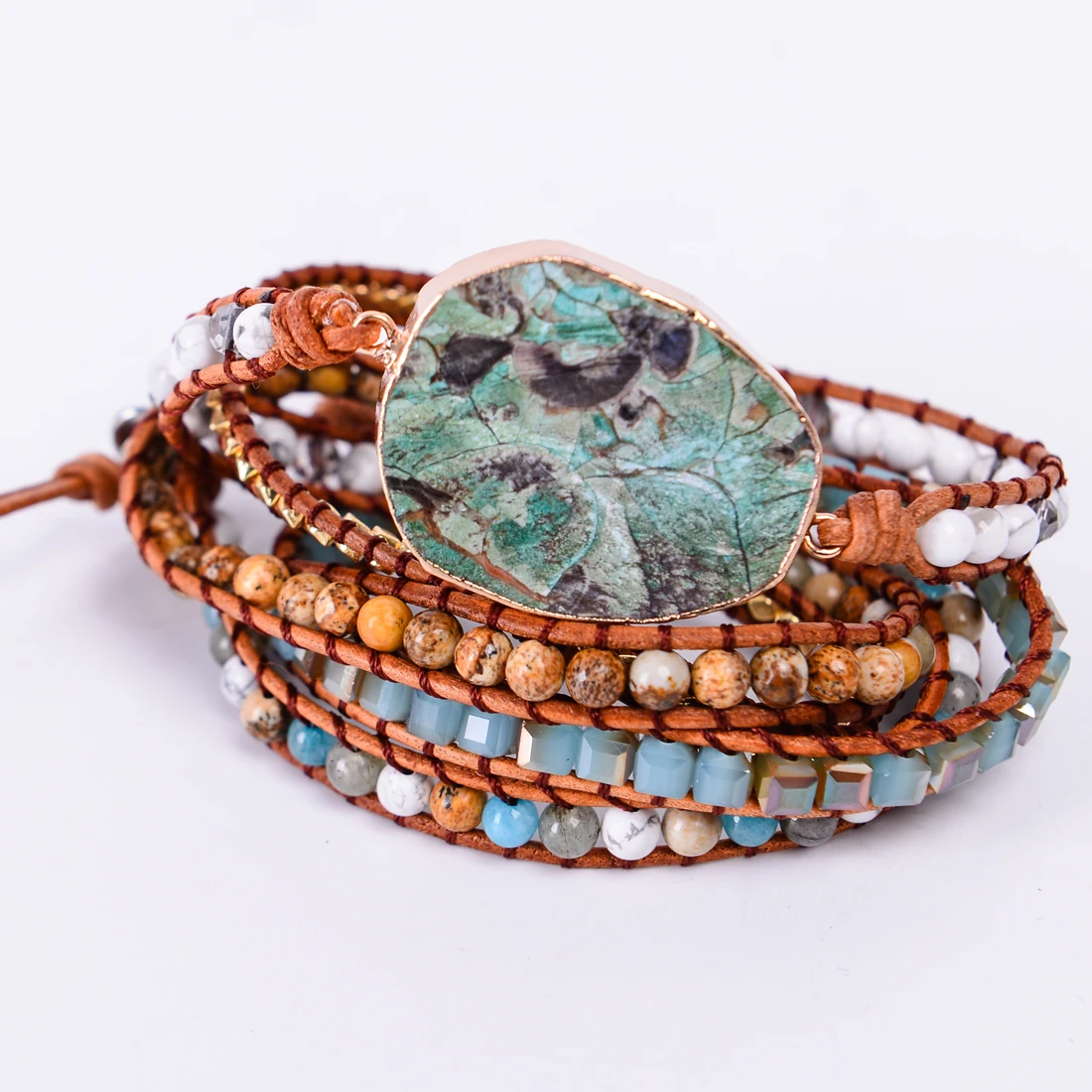 Unique Mix Strands Leather Bracelet Multicolor Natural Stone Woven Wrap Bracelets Bohemian Bracelet Drops Hipping