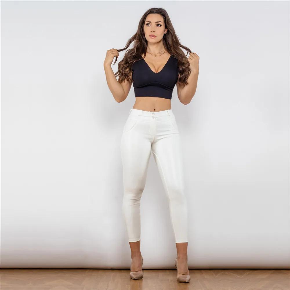 Shascullfites Melody Leather Pants Push Up Leggings Skinny Jeans Woman Middle Waist White Pants Full Length Casual Joggers Women