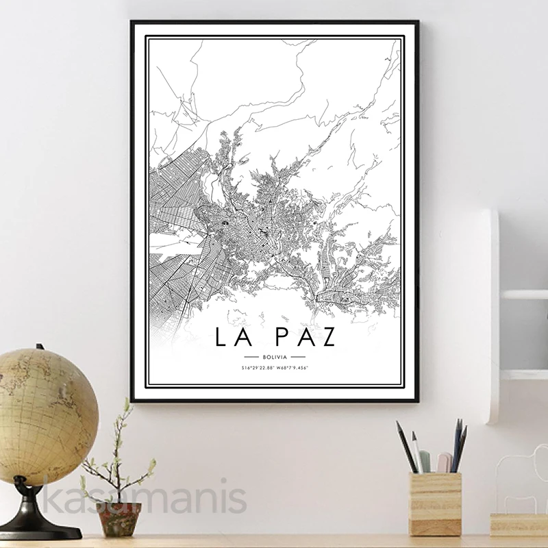 LA PAZ خريطة المدينة طباعة أبيض وأسود بوليفيا المشارك قماش اللوحة سانتا كروز دي لا سييرا جدار صور لغرفة المعيشة ديكور