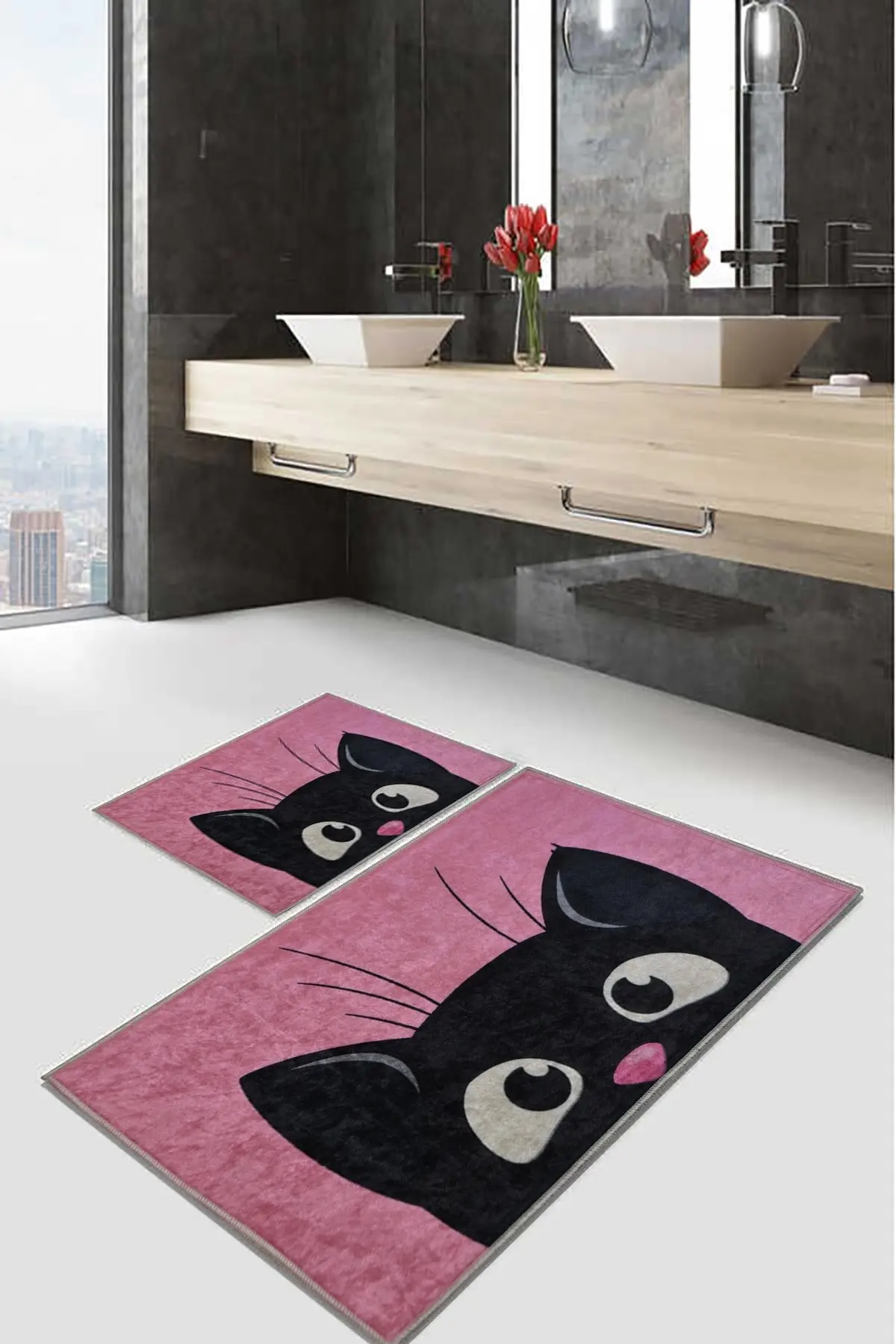 

Digital Printed Non-Slip Base Black Cat Patterned Pink Double Bath Mat Highly Absorbent Quick Drying Bathroom Rug, Entry Doormat