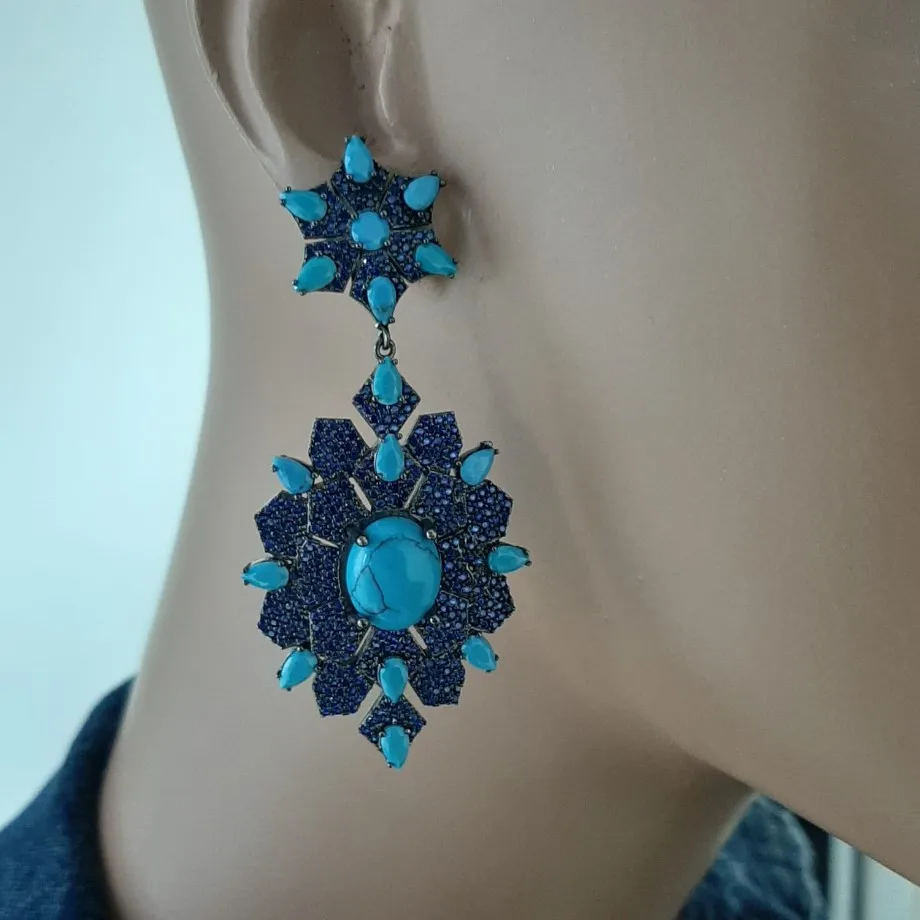 925 Sterling Silver Earrings Blue Stone Statement Long Big Boho Cute Dangle Stud Earrings серьги с камнями 925