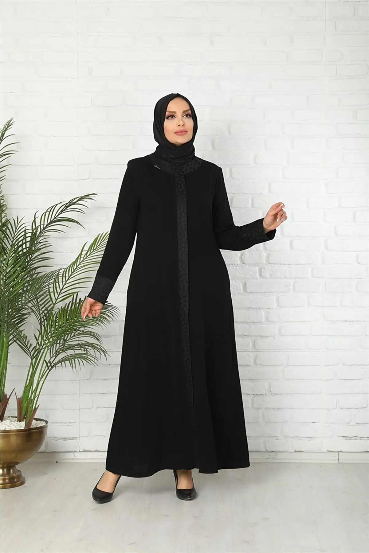 Tuğralı Medine Ipeği Siyah Desenli Ferace TRYF1001 large big size women long sleeve Mevlana Ferace Siyah MVLN abaya mont summer