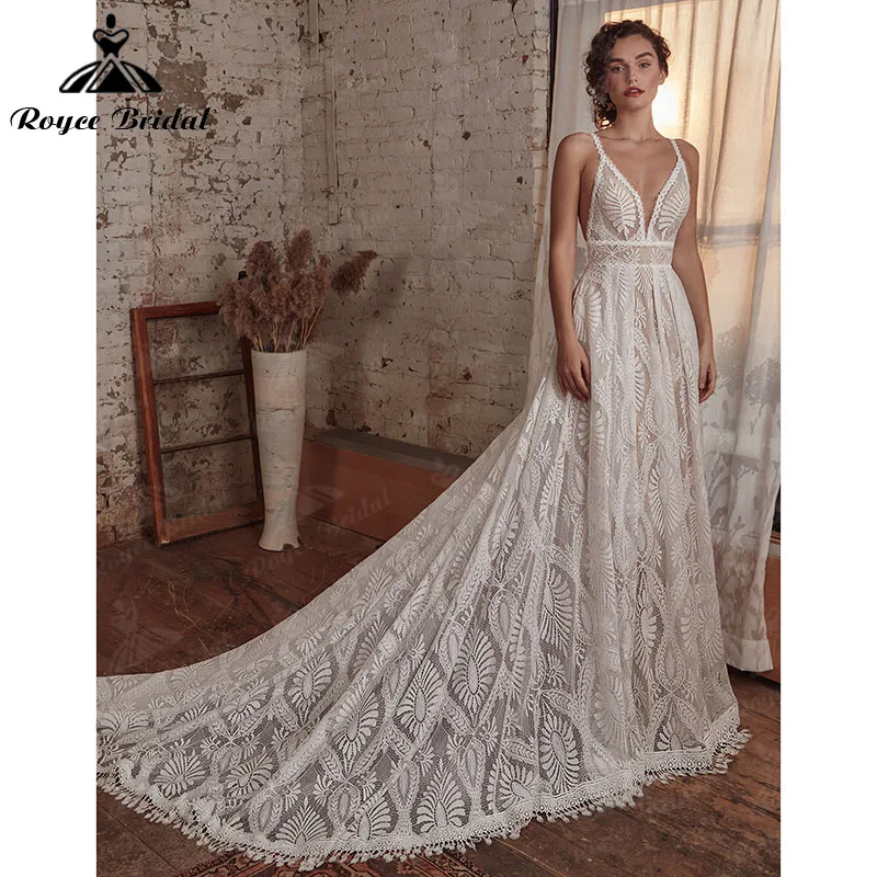 Sexy Bohemian Boho Wedding Dress with Detachable Long Sleeve A Line V Neck Lace Backless Spaghetti Straps Bridal Gown Customized