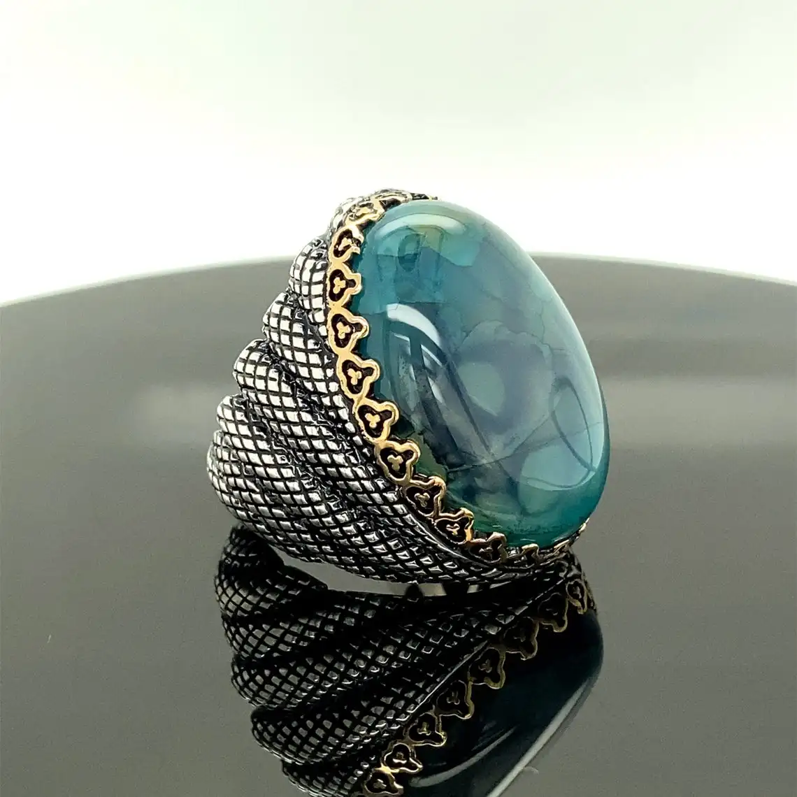 925 Sterling Silver Agate Stone Men's Ring, Ottoman Jewelry Hand Made