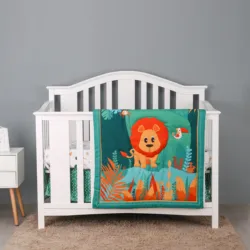3pcs micro fiber brushed Baby Crib Bedding Set green jungle design lion boys cheep including quilt, crib sheet, crib skirt
