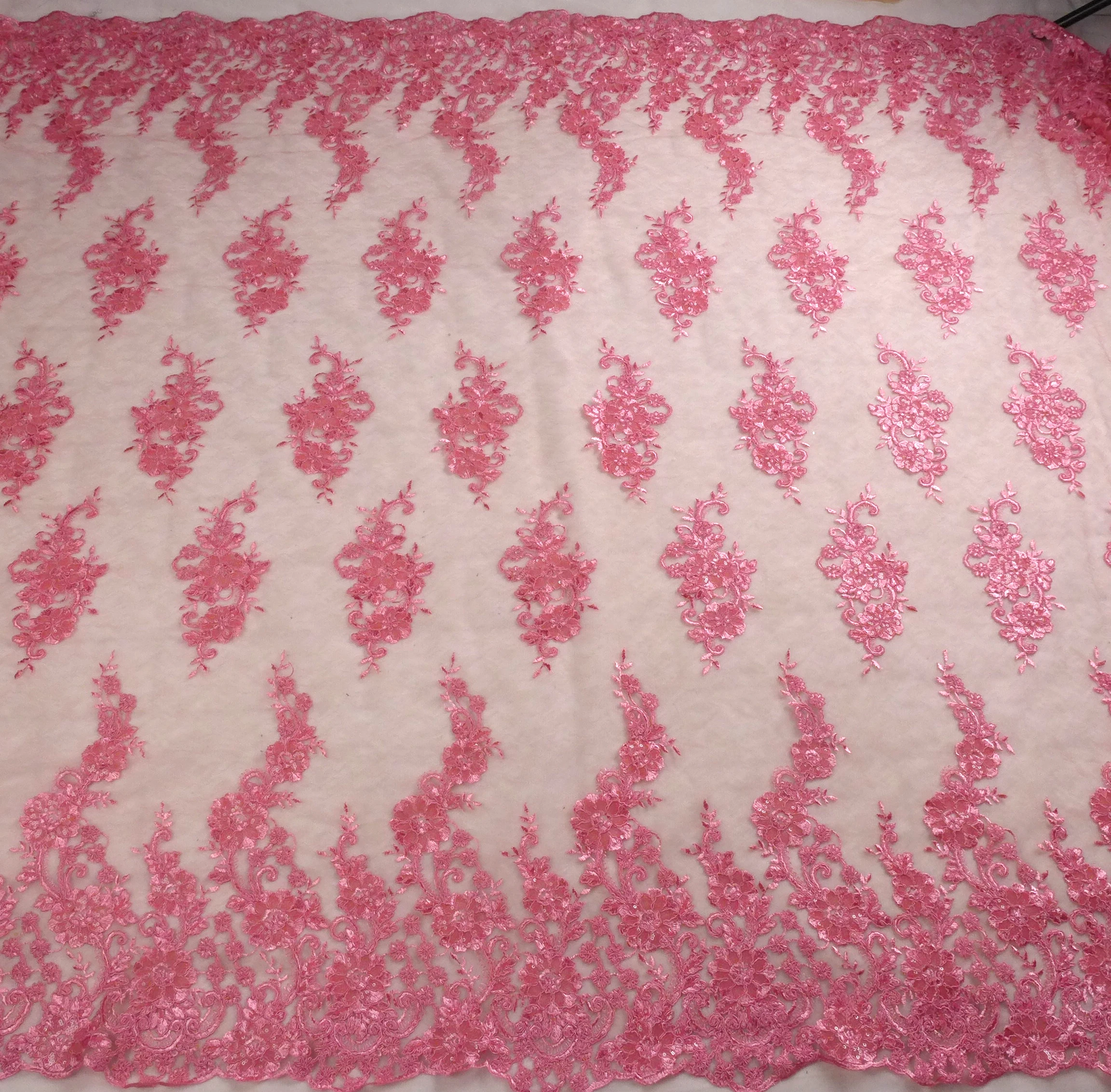 La Belleza 1 yard  Pink cord with sequins on irregular Dark pattern net embroidery lace fabric