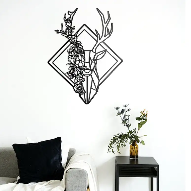 Metal Wall Art Floral Deer Decor Black Color Modern Home Office New 3D Creative Stylish Living Room Bedroom Kitchen 2022 Qualty