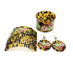 Newest Fashion Flowers Printed Bangle Comb Earring Jewelry Set For Pacific Islands Peoples Women Girls Gift Trendy Styles