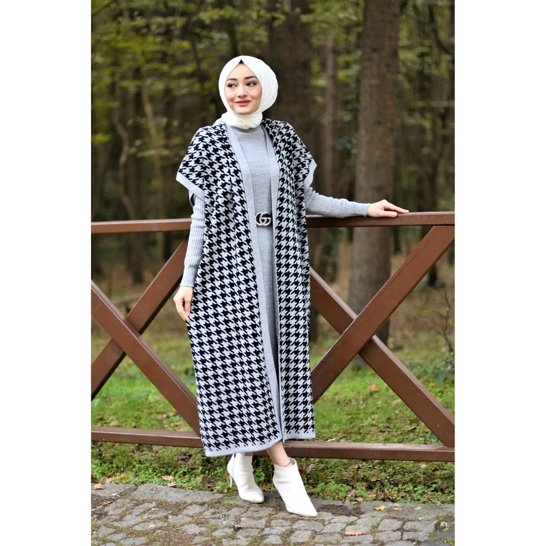 2 Piece Women\'s Set Crowbar Patterned Knitwear Maxi Turtleneck Dress and Maxi Cardigan Long Sleeve Turkey Muslim Fashion Dubai