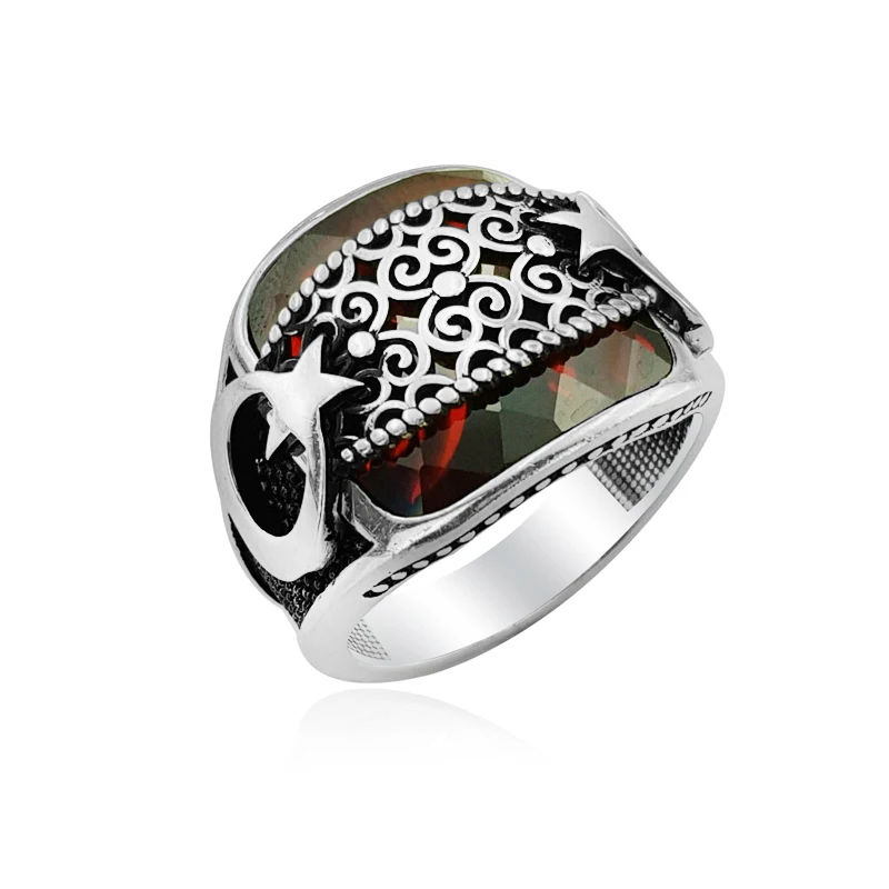 925 Silver English Flag Moon and Star Printed Men Rings