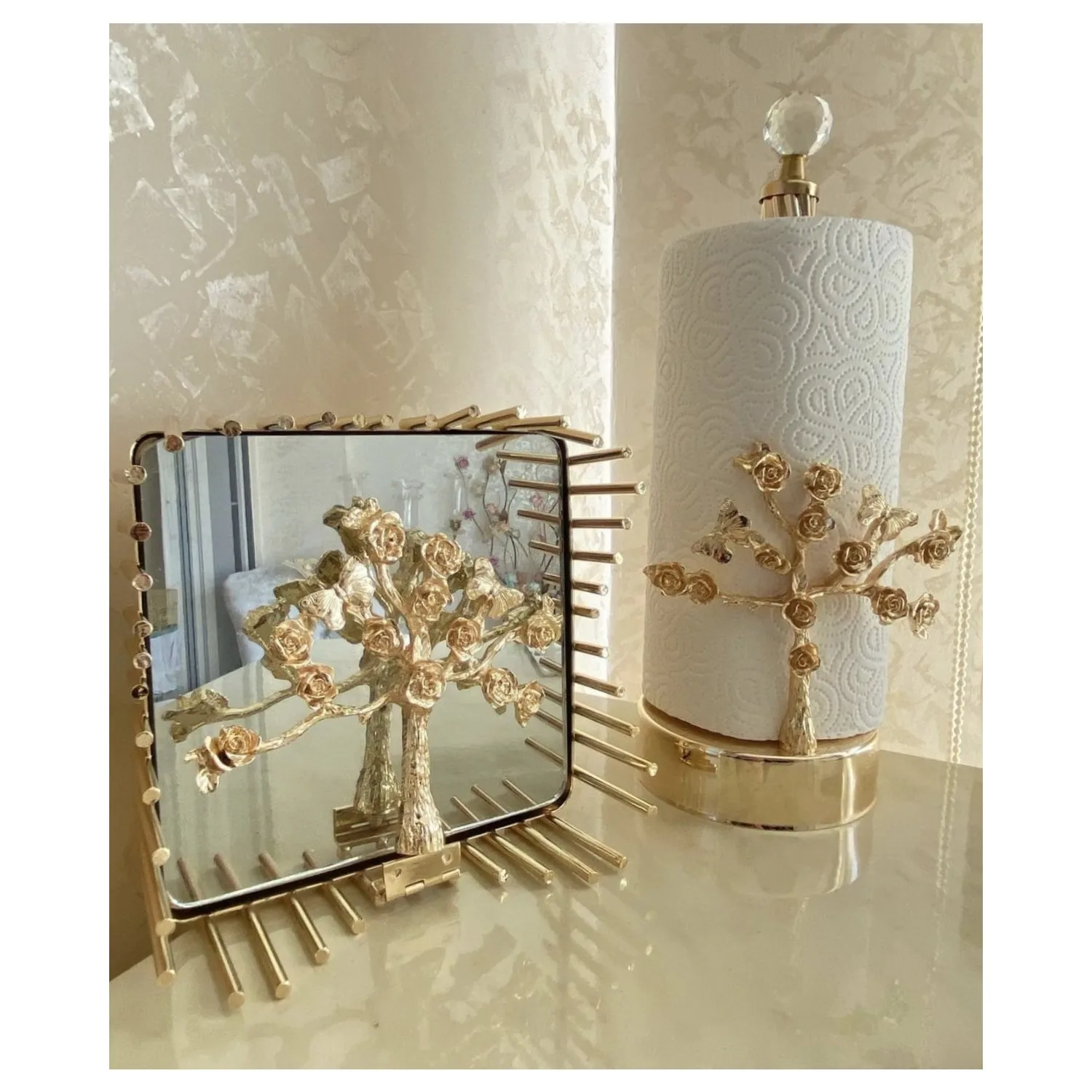 2 piece Gold Color Mirrored Butterfly Napkin Holder and Roll Towel Holder Set Lacquer coating and handwork on metal Napkin holde