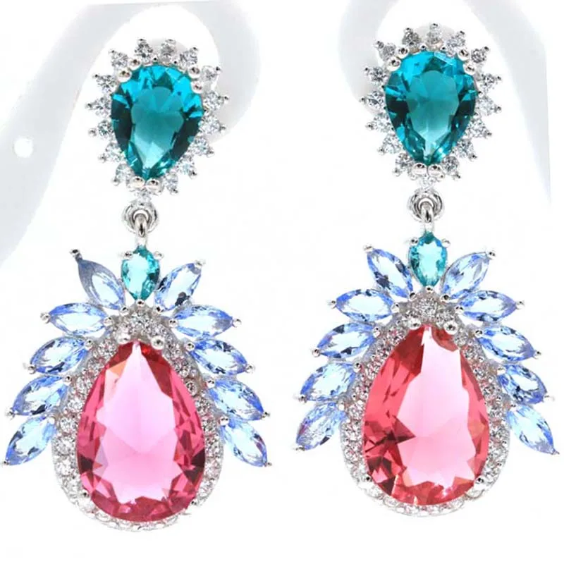 38x21mm Jazaz Multi Color 9.8g  Pink Tourmaline Blue Aquamarine Pink Kunzite CZ Women 925 Solid Sterling Silver Earrings