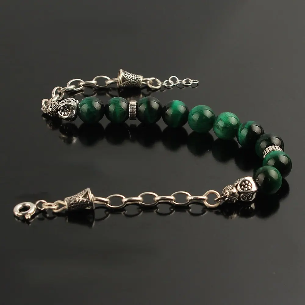 

Men's silver chain green tiger stone 925 sterling silver bracelet bracelet custom design handmade Made in Turkey